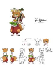  1girl absurdres animal_ears chinese_clothes chinese_text commentary_request concept_art copyright_logo copyright_name fox_ears fox_girl fox_tail full_body green_eyes highres logo multiple_views official_art orange_hair pants pointing_out_the_details reference_sheet ruoshui_(the_legend_of_luo_xiaohei) simple_background smile tail the_legend_of_luo_xiaohei turnaround white_background 
