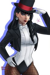  1girl black_eyeshadow black_hair black_hat black_leotard blue_eyes blunt_bangs bow bowtie breasts brown_pantyhose choppy_bangs closed_mouth commentary corset cowboy_shot cropped_jacket dc_comics drop_shadow earrings english_commentary eyelashes eyeshadow fishnet_pantyhose fishnets gloves hand_on_headwear hand_on_own_hip hat highres instagram_logo instagram_username jacket jewelry leotard lipstick long_hair long_sleeves looking_at_viewer makeup medium_breasts narrow_waist open_clothes open_jacket pantyhose red_lips sergio_lara shirt signature simple_background top_hat tuxedo_shirt twitter_username twitter_x_logo white_background white_bow white_bowtie white_corset white_gloves white_shirt zatanna_zatara 