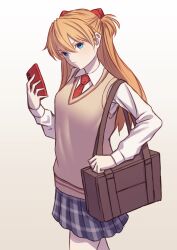  1girl aged_up alternate_costume bag blue_eyes brown_background brown_bag brown_sweater_vest cellphone commentary_request diagonal-striped_clothes diagonal-striped_necktie gradient_background grey_skirt highres holding holding_phone interface_headset_(evangelion) ka_ki_o long_hair looking_at_viewer necktie neon_genesis_evangelion orange_hair phone plaid_clothes plaid_skirt red_necktie school_uniform shirt shoulder_bag skirt smartphone solo souryuu_asuka_langley striped_clothes striped_necktie sweater_vest white_shirt 