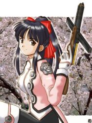  1990s_(style) 1girl bad_id black_hair black_pants bow breasts brown_eyes cherry_blossoms closed_mouth commentary_request gun hair_bow hana_(hana_mo_arashi_mo) high_ponytail holding holding_gun holding_weapon jacket long_hair looking_at_viewer medium_breasts pants photo_background pink_jacket ponytail red_bow retro_artstyle sakura_taisen sakura_taisen_iii sakura_taisen_iv shinguuji_sakura shirt smile solo upper_body weapon white_shirt 