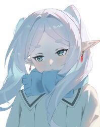  1girl absurdres blue_scarf closed_mouth commentary earrings elf frieren green_eyes grey_hair highres jacket jewelry long_hair looking_to_the_side nishida_yuuto parted_bangs pointy_ears scarf solo sousou_no_frieren thick_eyebrows twintails white_jacket 
