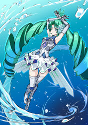  1girl antenna_hair armor armored_dress armpits arms_up blue_dress boots breasts clothing_cutout commentary_request dentosaginuma dress drill_hair duel_masters duel_masters_play's elbow_gloves flower gloves green_hair grey_boots grey_gloves hair_flower hair_ornament highres hydrokinesis kiriko_(duel_masters) long_hair looking_at_viewer multicolored_dress open_mouth solo stomach_cutout thigh_boots twin_drills underwater very_long_hair water white_dress white_flower 