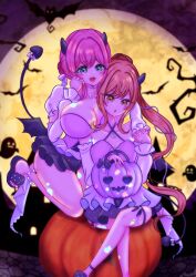  2girls absurdres alternate_costume bat_(animal) black_ribbon black_skirt blonde_hair breasts commentary_request demon_horns demon_tail demon_wings detached_sleeves dress frilled_sleeves frills full_body ghost green_eyes halloween halloween_costume hanazono_hakari high_ponytail highres horns inda_karane jack-o'-lantern kimi_no_koto_ga_dai_dai_dai_dai_daisuki_na_100-nin_no_kanojo large_breasts low_wings mahiru_notsuki mini_wings moon multiple_girls pink_hair pink_shirt ponytail pumpkin ribbon shirt skirt strapless strapless_dress tail tail_ornament tail_ribbon wings yellow_eyes 