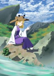  1girl absurdres black_shoes blonde_hair blush brown_hat closed_mouth clouds cloudy_sky commentary_request cross-laced_vest day dot_nose full_body gasubanana hair_ribbon hand_up hat highres long_skirt long_sleeves medium_hair moriya_suwako no_lineart no_sclera on_rock outdoors parted_bangs purple_skirt purple_vest red_ribbon ribbon shoes sitting skirt sky smile socks solo split_mouth touhou tress_ribbon vest water waving white_socks wide_sleeves yellow_eyes 