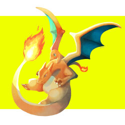  charizard charmander claws closed_mouth commentary_request dragon dragon_wings fire flame-tipped_tail flying full_body green_eyes highres letterboxed no_humans nostrils open_mouth pokemon pokemon_(creature) riding tail wings yellow_background yonayon 