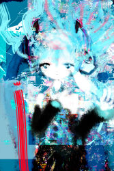  1girl abstract abstract_background absurdres blue_eyes blue_hair blue_theme closed_mouth commentary_request cowboy_shot floating_hair hands_up hatsune_miku highres hilty looking_ahead looking_at_viewer solo vocaloid 