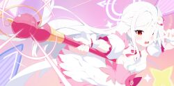  1girl absurdres blue_archive bustier commentary corset crescent_wing_ornament detached_sleeves fake_wings halo haru_0104 head_wings highres holding holding_staff long_hair looking_at_viewer mage_staff magical_girl multicolored_hair official_alternate_costume open_mouth pink_corset pink_skirt pink_streaks puffy_short_sleeves puffy_sleeves purple_background purple_halo red_eyes short_sleeves single_head_wing single_wing skirt solo staff streaked_hair suzumi_(blue_archive) suzumi_(magical)_(blue_archive) upper_body v v_over_eye very_long_hair white_bustier white_hair wings 