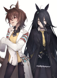  2girls agnes_tachyon_(tach-nology)_(umamusume) agnes_tachyon_(umamusume) ahoge animal_ears black_choker black_coat black_hair black_necktie black_pantyhose black_shirt black_skirt blush breasts brown_hair chalos choker closed_mouth coat collared_shirt ear_tag earrings hair_between_eyes highres horse_ears horse_girl horse_tail jewelry lab_coat long_bangs long_hair long_hair_between_eyes long_sleeves manhattan_cafe_(creeping_shadow)_(umamusume) manhattan_cafe_(umamusume) multicolored_hair multiple_girls necktie open_mouth pantyhose red_eyes shirt short_necktie single_earring skirt sleeves_past_wrists small_breasts smile sweater sweater_vest tail test_tube umamusume white_coat white_hair wolf_cut yellow_eyes yellow_necktie yellow_sweater yellow_sweater_vest 