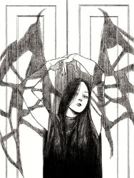  arms_up arthropod_limbs black_hair black_outline black_robe different_shadow doorway greyscale highres long_hair looking_at_viewer monochrome original outline own_hands_together robe sleeveless_robe tp_p_pt white_background 