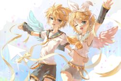  1boy 1girl aqua_eyes arm_warmers armpits arrow_(symbol) belt bishounen black_sailor_collar bow bow_hairband bowtie brother_and_sister commentary_request cowboy_shot crop_top cuddling fairyofshrimp feathered_wings fingernails glowing hair_between_eyes hair_ornament hair_tie hairband hairclip headphones headset highres kagamine_len kagamine_rin korean_commentary looking_at_viewer medium_hair navel necktie one_eye_closed open_mouth parallel_hairclips ribbon sailor_collar sailor_shirt school_uniform serafuku shirt short_hair short_sleeves shorts siblings sleeveless smile straight-on teeth twins vocaloid waving wings yellow_necktie yellow_trim 