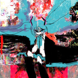  1girl abstract abstract_background absurdres blue_eyes blue_hair closed_mouth commentary feet_out_of_frame hatsune_miku highres hilty looking_ahead looking_at_viewer solo vocaloid 