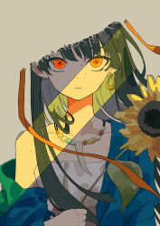  1girl blending blue_jacket commentary_request crack_of_light dot_nose earrings eyelashes flower green_hair grey_background hat highres holding holding_flower jacket jewelry long_hair long_sleeves looking_at_viewer mismatched_earrings mole mole_on_cheek mole_on_chest mole_on_neck mole_on_shoulder mole_under_eye multiple_earrings necklace open_clothes open_jacket original parted_lips red_eyes red_pupils shirt simple_background single_bare_shoulder single_off_shoulder solo straight-on strapless strapless_shirt straw_hat sunflower symbol_in_eye tooth_necklace tsukii_(t_s_u_k_i_i) upper_body white_shirt 