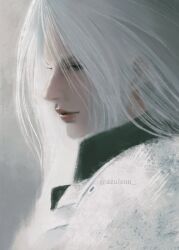  1boy armor black_coat closed_mouth coat commentary english_commentary final_fantasy final_fantasy_vii final_fantasy_vii_remake from_side gradient_background green_eyes grey_background grey_hair hair_between_eyes lips long_hair male_focus melonasun parted_bangs profile sephiroth shoulder_armor solo twitter_username upper_body 