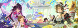  2girls absurdres bare_shoulders bird black_collar black_hair black_sleeves blue_eyes blue_sky brown_hair cake chair character_doll chibi chinese_commentary closed_eyes closed_mouth collar columbina_(genshin_impact) commentary_request cup detached_sleeves doll dove dress eye_mask flower food genshin_impact gloves hair_ornament head_wings headdress highres hugging_doll hugging_object long_hair long_sleeves luonnotar_(genshin_impact) mask multicolored_hair multiple_girls open_mouth outdoors purple_hair purple_streaks sandrone_(genshin_impact) short_hair_with_long_locks sitting sky streaked_hair sunflower table teacup two-tone_hair upper_body very_long_hair white_dress white_gloves white_headdress white_wings wings yu_e_baba 