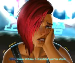  1girl absurdres asymmetrical_hair collarbone commentary crying crying_with_eyes_open cyberpunk cyberpunk_(series) cyberpunk_2077 english_commentary english_text eyelashes face_piercing freckles green_eyes hair_over_eyes hand_on_another's_cheek hand_on_another's_face happy_birthday highres lebwlolz lip_piercing looking_at_viewer medium_hair one_eye_covered open_mouth piercing red_hair sidecut streaming_tears tears teeth undercut upper_body v_(cyberpunk) valerie_(cyberpunk) 