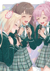  3girls absurdres anyoji_hime brown_hair collared_shirt commentary cowboy_shot flower fujishima_megumi green_jacket green_necktie green_skirt hair_flower hair_ornament hat highres hokuriku_idol-bu holding holding_microphone jacket kagayaki_fes_2026 kobassy long_hair long_sleeves love_live! love_live!_hasu_no_sora_jogakuin_school_idol_club microphone mini_hat mini_top_hat miniskirt mira-cra_park! multiple_girls necktie osawa_rurino pink_flower pink_hair pleated_skirt ponytail shirt signature skirt swept_bangs top_hat twintails two_side_up virtual_youtuber white_shirt 