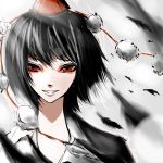  bad_id black_hair face hat neck orange_eyes portrait shameimaru_aya short_hair smile solo touhou 