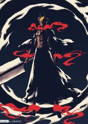  1boy abs absurdres artist_name bankai barefoot black_hair black_hakama black_kimono bleach bleach:_sennen_kessen-hen chest_tattoo chi_kusari_no_ichigo chikidney commentary_request crescent_moon dark-skinned_male dark_skin demon_horns floating full_body greatsword hakama highres holding holding_sword holding_weapon hole_in_chest hole_on_body horns japanese_clothes kimono kurosaki_ichigo looking_at_viewer male_focus moon official_alternate_skin_color open_clothes open_kimono open_mouth orange_hair red_eyes shaded_face shihakusho solo sword tattoo toned toned_male torn_clothes weapon 