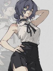  1girl arm_behind_head bare_arms black_choker black_ribbon black_shorts blue_hair breasts chainsaw_man choker closed_mouth collared_shirt commentary cowboy_shot english_commentary green_eyes grenade_pin grey_background hair_between_eyes hair_bun hand_on_own_hip highres looking_at_viewer medium_breasts medium_hair neck_ribbon reze_(chainsaw_man) ribbon shirt shirt_tucked_in shorts sleeveless sleeveless_shirt solo thedollofbruce updo white_shirt 
