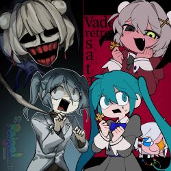  5girls akumabarai_(voisona) aqua_eyes aqua_hair artist_name black_bow black_bowtie blue_bow blue_bowtie blue_eyes blunt_bangs bow bowtie clerical_collar coat colored_teeth cross dark_background double-parted_bangs double_bun dual_persona evil_grin evil_smile fang flashing_eyes gemini-chan_(iiiichimaru_03) google_gemini grey_hair grey_shirt grey_skirt grin hair_between_eyes hair_bun hair_ornament hatsune_miku hayaku_nigenakya_(vocaloid) highres holding holding_cross hollow_eyes lab_coat monsterification multiple_girls open_mouth personification raigel red_background red_shirt red_teeth scared shirt short_twintails skirt smile songover striped_blush sweat symmetry tearing_up twintails ui_(voisona) vocaloid voisona watermark white_coat x_hair_ornament yellow_eyes 