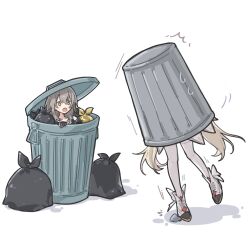  2girls blonde_hair commentary_request full_body grey_hair hair_between_eyes highres honkai:_star_rail honkai_(series) in_container in_trash_can long_hair mihoyo multiple_girls open_mouth pale_skin phoenix_reffaella rock stelle_(honkai:_star_rail) stuck sweatdrop thigh-highs trailblazer_(honkai:_star_rail) trash_bag trash_can very_long_hair white_background white_thighhighs xeitlfrycz64403 yellow_eyes zenless_zone_zero 