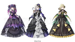  3girls amaichi_esora amane_amu bare_shoulders black_dress black_gloves black_nails blonde_hair blue_eyes blue_hair breasts closed_mouth commentary copyright_name copyright_notice demon_wings detached_sleeves dress flower full_body gloves gradient_hair grey_hair hair_flower hair_ornament hairclip head_wings heterochromia highres hiura_kuro holding holding_mask holding_own_dress layered_dress long_dress long_hair long_sleeves looking_at_viewer mask mitsuba_eni multicolored_hair multiple_girls nail_polish neo-porte off_shoulder official_alternate_costume official_art one_eye_closed pink_dress pink_flower pink_hair purple_flower purple_hair sample_watermark simple_background smile standing twintails under-elbow_gloves violet_eyes virtual_youtuber watermark white_background white_dress wings x_hair_ornament yellow_dress yellow_eyes 