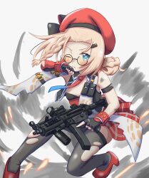  1girl ;( absurdres bare_shoulders beret black_gloves black_vest blonde_hair blue_eyes blush braid breasts cropped_vest dirty dirty_face double_bun fingerless_gloves frown full_body girls'_frontline_2:_exilium girls_frontline gloves gun hair_bun hair_ornament hairclip hat high_heels highres kuronukkkkko legs long_hair miniskirt mp5_(girls'_frontline) multiple_braids on_one_knee one_eye_closed open_clothes open_vest peri_(girls'_frontline_2) plaid_clothes plaid_skirt red_hat red_skirt red_tube_top serious skirt small_breasts solo squatting strapless submachine_gun sunglasses thigh-highs thighs torn_clothes torn_thighhighs tube_top untying_hair vest weapon wiping_face 