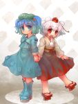  blue_eyes blue_hair boots detached_sleeves geta hair_bobbles hair_ornament hat inubashiri_momiji kawashiro_nitori key multiple_girls red_eyes sankuma short_hair shougi tengu-geta tokin_hat touhou twintails white_hair 