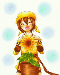  1girl ^_^ alternate_skin_color bandana bare_shoulders belt blue_background brown_belt brown_gloves brown_hair clenched_hands closed_eyes commentary_request dress fang flower gloves hair_between_eyes highres leaf lightened_skin off_shoulder open_mouth razzy short_hair smile solo summon_night summon_night:_swordcraft_story sunflower traditional_media tyutyurun yellow_bandana yellow_dress yellow_flower 