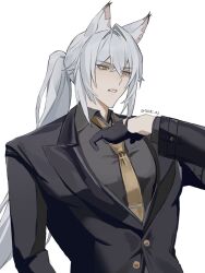  1boy adjusting_clothes adjusting_necktie alternate_hairstyle animal_ear_fluff animal_ears black_gloves black_jacket cat_boy cat_ears colored_tips commentary_request crossed_bangs gloves grey_hair grey_shirt hair_between_eyes hand_up highres jacket long_hair male_focus multicolored_hair necktie official_alternate_costume open_mouth ponytail severian_lowell severian_lowell_(solemnly_impeccable) shirt simple_background solo tok81_02 twitter_username upper_body white_background yellow_eyes yellow_necktie zenless_zone_zero 