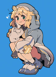  1boy androgyne_symbol black_gloves blonde_hair blue_background blue_jacket blue_shoes bridget_(guilty_gear) closed_mouth commentary_request fingerless_gloves full_body gloves green_eyes guilty_gear guilty_gear_strive head_rest hood hood_up hooded_jacket itsuka_neru jacket long_sleeves looking_at_viewer male_focus musical_note open_clothes open_jacket shoes short_hair simple_background smile solo squatting trap 