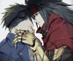  2boys black_hair blonde_hair blue_eyes blue_jacket cape cid_highwind clawed_gauntlets cloak closed_mouth face-to-face fake_claws final_fantasy final_fantasy_vii final_fantasy_vii_rebirth final_fantasy_vii_remake from_side gauntlets goggles goggles_on_head hand_on_another's_chin headband highres jacket long_hair looking_at_another male_focus multiple_boys ninyunyan profile red_cape red_cloak red_eyes red_headband short_hair single_gauntlet spiky_hair sweatdrop upper_body vincent_valentine 