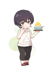  1girl :q ame. bare_arms bare_shoulders black_hair black_leggings blush brown_eyes chang_chin-lan chibi closed_mouth commentary_request drawstring earrings food full_body hands_up highres holding holding_tray hood hood_down hoodie jewelry kamiina_botan_yoeru_sugata_wa_yuri_no_hana leggings red_shoes shaved_ice shoes simple_background sleeveless sleeveless_hoodie smile solo standing tongue tongue_out tray white_background white_hoodie 
