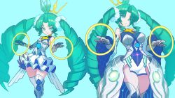  2girls antenna_hair aqua_background blue_dress boots breasts clothing_cutout commentary_request crown detached_sleeves dress drill_hair duel_masters duel_masters_play's elbow_gloves emperor_kiriko_(duel_masters) energy_ring floating_crown flower gloves green_hair grey_gloves hair_flower hair_ornament highres kiriko_(duel_masters) large_breasts long_hair multicolored_dress multiple_girls simple_background small_breasts solo stomach_cutout thigh_boots twin_drills very_long_hair white_dress white_flower white_mouth yuuki_(irodo_rhythm) 