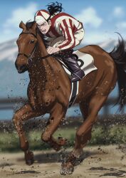  1boy animal black_boots black_hair blue_sky boots commentary_request dirt golden_kamuy highres horse_racing horseback_riding jockey kiroranke male_focus medium_sideburns murata_miku open_mouth outdoors ponytail riding running sideburns sky solo 