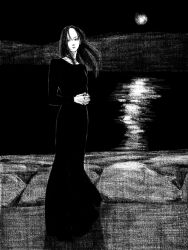  1girl black_background black_dress black_hair black_outline dress full_moon greyscale highres long_hair looking_at_viewer monochrome moon night original outline own_hands_together reflection reflective_liquid rock shore solo tp_p_pt 