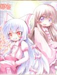  bad_id blue_hair brown_hair fujiwara_no_mokou hair_ribbon highres houraisan_kaguya long_hair moon purple_eyes red_eyes ribbon shikishi suspenders touhou traditional_media violet_eyes 