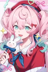 1girl aqua_eyes aqua_hair blue_neckerchief bow commentary gradient_hair hair_between_eyes hair_bow hair_intakes hat highres holding honkai:_star_rail honkai_(series) hyacine_(honkai:_star_rail) hyacine_(white_rabbit)_(honkai:_star_rail) long_sleeves looking_at_viewer medium_hair multicolored_hair nanchyu neckerchief official_alternate_costume open_mouth pink_hair red_bow red_hat red_shirt shirt smile solo symbol_in_eye twintails untranslatable_commentary upper_body 