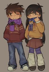  1boy 1girl absurdres alternate_costume alternate_eye_color antenna_hair black_eyes black_hair black_shoes blue_pants blush brown_eyes brown_hair brown_skirt brown_sweater chibi chibi_only commentary denim double-parted_bangs ear_piercing english_commentary grey_background hair_behind_ear hair_between_eyes hector_(omori) hero_(faraway)_(omori) hero_(omori) highres hood hood_down hoodie jeans leg_warmers long_hair looking_at_another mari_(faraway)_(omori) mari_(omori) mewo omori one_eye_closed pants pantyhose parted_lips piercing purple_pantyhose purple_scarf red_hoodie scarf shabuu_shabuu shoes short_hair simple_background skirt smile sneakers striped_clothes striped_pantyhose sweater white_leg_warmers 