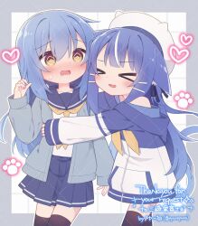  >_< 2girls :d @_@ animal_ear_fluff animal_ears animal_hat beret black_thighhighs blue_hair blue_sailor_collar blue_skirt blush border brown_eyes cardigan closed_eyes commission fake_animal_ears grey_border grey_cardigan grid_background hair_between_eyes hair_ornament hairclip hat heart hood hood_down hooded_jacket hug jacket long_hair long_sleeves multicolored_hair multiple_girls neckerchief nia_(ayanepuna) nose_blush off_shoulder open_cardigan open_clothes original pleated_skirt puffy_long_sleeves puffy_sleeves sailor_collar school_uniform serafuku shirt skeb_commission skirt sleeves_past_wrists small_sweatdrop smile streaked_hair sweat tail thigh-highs very_long_hair wavy_mouth white_background white_hair white_hat white_jacket white_shirt xd yellow_neckerchief yuune_(ayanepuna) 