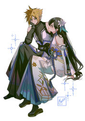  1boy 1girl artist_logo bare_shoulders black_gloves black_hair blonde_hair blue_eyes blush cloud_strife detached_sleeves earrings elbow_rest english_commentary final_fantasy final_fantasy_vii final_fantasy_vii_remake final_fantasy_vii_revelation flower full_body gloves hair_flower hair_ornament highres invisible_chair japanese_clothes jewelry kimono logo long_hair looking_at_another miyukiko official_alternate_costume red_eyes sandals sash short_hair signature simple_background sitting sleeveless sleeveless_kimono sparkle spiky_hair stud_earrings tifa_lockhart tifa_lockhart_(festive_blue_daffodil_attire) white_background white_flower 