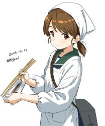 1girl absurdres apron bandana bigkwl blue_sailor_collar brown_eyes brown_hair chopsticks commentary_request dated_commentary fish_(food) grilled_fish headscarf highres japan japan_air_self-defense_force japan_ground_self-defense_force japan_maritime_self-defense_force japan_self-defense_force japanese japanese_crested_ibis_(kemono_friends) japanese_flag japanese_text kantai_collection kappougi looking_at_viewer low_twintails monkey_ears monkey_girl official_alternate_costume one-hour_drawing_challenge sailor_collar school_uniform serafuku shirayuki_(kancolle) shirayuki_(saury_festival)_(kancolle) short_hair short_twintails skirt smile solo twintails upper_body white_bandana white_headscarf