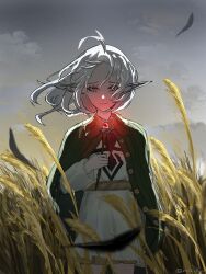 1girl absurdres ahoge cloak closed_mouth commentary_request dress elf feathers green_cloak grey_hair highres holding holding_wand long_sleeves looking_at_viewer medium_hair memetete mushoku_tensei outdoors parted_bangs pointy_ears red_eyes sky solo standing sylphiette_(mushoku_tensei) twitter_username wand wheat_field white_dress 