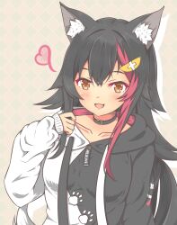  1girl :3 :d animal_ear_fluff animal_ears black_choker black_hair black_hoodie choker commentary_request hair_ornament hairclip heart highres hololive hood hoodie kextukkii long_hair looking_at_viewer multicolored_hair ookami_mio ookami_mio_(hoodie) open_mouth outline red_streaks smile solo streaked_hair two-tone_hoodie very_long_hair virtual_youtuber white_hoodie white_outline wolf_ears wolf_girl yellow_eyes 