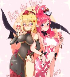  2girls absurdres alcohol bat_wings black_dress black_wings commentary cup demon_wings disgaea disgaea_rpg dress drinking_glass fingerless_gloves gloves happy_new_year highres holding holding_cup multiple_girls puffphox rozalin seraphina_(disgaea) untranslatable_commentary wine wine_glass wings 