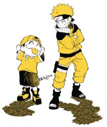 2boys black_shorts blonde_hair crossed_arms crossover facial_mark forehead_protector fuusuke_(ninku) hat height_difference highres jacket kazuto_kohjima konohagakure_symbol looking_at_another multicolored_shoes multiple_boys naruto_(classic) naruto_(series) ninku pants shadow shirt short_sleeves shorts signature simple_background spiky_hair tongue tongue_out uzumaki_naruto whisker_markings white_background yellow_hat yellow_jacket yellow_pants yellow_shirt yellow_theme 