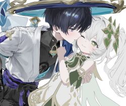  1boy 1girl adam's_apple arm_at_side armor asymmetrical_sidelocks bare_shoulders belt bishounen black_belt black_bodysuit black_bow black_bridal_gauntlets black_hair black_shorts blue_kimono blue_sleeves blunt_ends bodysuit bow bridal_gauntlets bright_pupils cape clenched_hand closed_mouth couple cross-shaped_pupils detached_sleeves dress eyelashes eyeliner face-to-face genshin_impact gold_armor gold_trim green_cape green_hair green_sleeves hair_intakes hair_ornament hand_on_another's_back hand_on_another's_chest heart heart_hair_ornament hetero japanese_armor japanese_clothes juban kimono kocokooo kote kurokote layered_sleeves leaning_forward leaning_on_person long_hair looking_at_another makeup mandarin_collar multicolored_hair nahida_(genshin_impact) one_eye_closed open_clothes open_kimono open_mouth pointy_ears purple_rope purple_sash red_eyeliner rope sash scaramouche_(genshin_impact) short_dress short_sleeves shorts shoulder_peek side_ponytail sidelocks sideways_mouth smile streaked_hair symbol-shaped_pupils tassel tsurime unfinished violet_eyes wanderer_(genshin_impact) white_dress white_hair white_kimono white_pupils white_sleeves 
