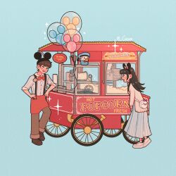  1boy 1girl artist_name bag balloon blue_background bow bowing bowtie brown_hair cardigan cheumi commentary cup daisy_duck disney donald_duck english_commentary english_text food food_stand full_body hairband hat highres long_hair mickey_mouse_(symbol) mickey_mouse_ears name_tag original pants popcorn profile red_bow red_bowtie see-through_balloon shirt shoes short_hair simple_background skirt smile sneakers sparkle standing suspenders 