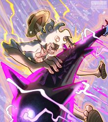  2boys artist_name attack clenched_teeth club_(weapon) commentary electricity gear_fifth haki_(one_piece) hat highres holding holding_weapon kaidou_(one_piece) kanabou male_focus monkey_d._luffy multiple_boys one_piece out_of_frame sandals scar scar_on_chest straw_hat taku_(aywakutakuay) teeth weapon white_hair 