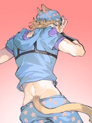  1boy animal_ears beanie blonde_hair blue_eyes blue_hoodie blue_nails blue_pants blush covered_mouth from_behind gradient_background hat highres hood hood_down hoodie horseshoe_hat_ornament horseshoe_ornament johnny_joestar jojo_no_kimyou_na_bouken male_focus medium_hair nail_polish pants short_sleeves simple_background solo star_(symbol) steel_ball_run tail tearing_up xing_wei_(likin000) 